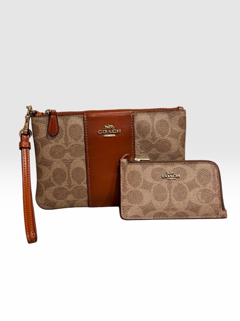 Coach Large Wristlet & Matching Card Case Set - Signature Canvas Tan/Saddle